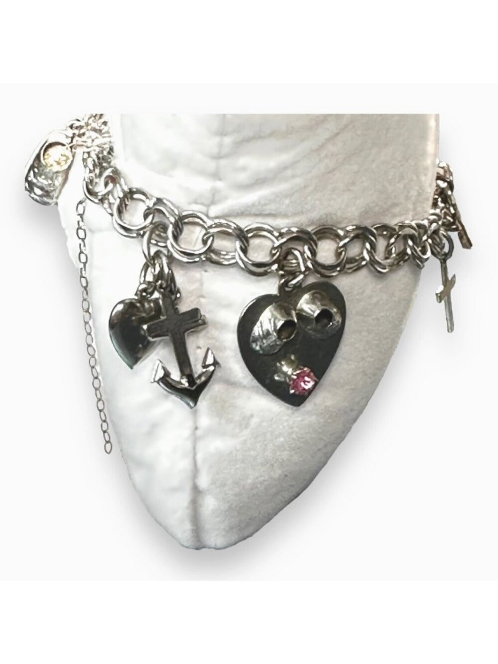 Vintage Forstner Charm Bracelet With Heart & Cross Charms And Pink Stone Accent